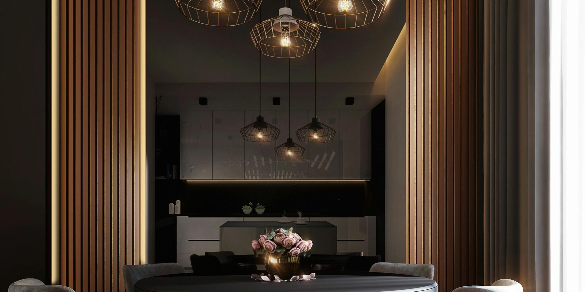 A sophisticated, contemporary dining room with elegant lighting and luxurious furnishings.